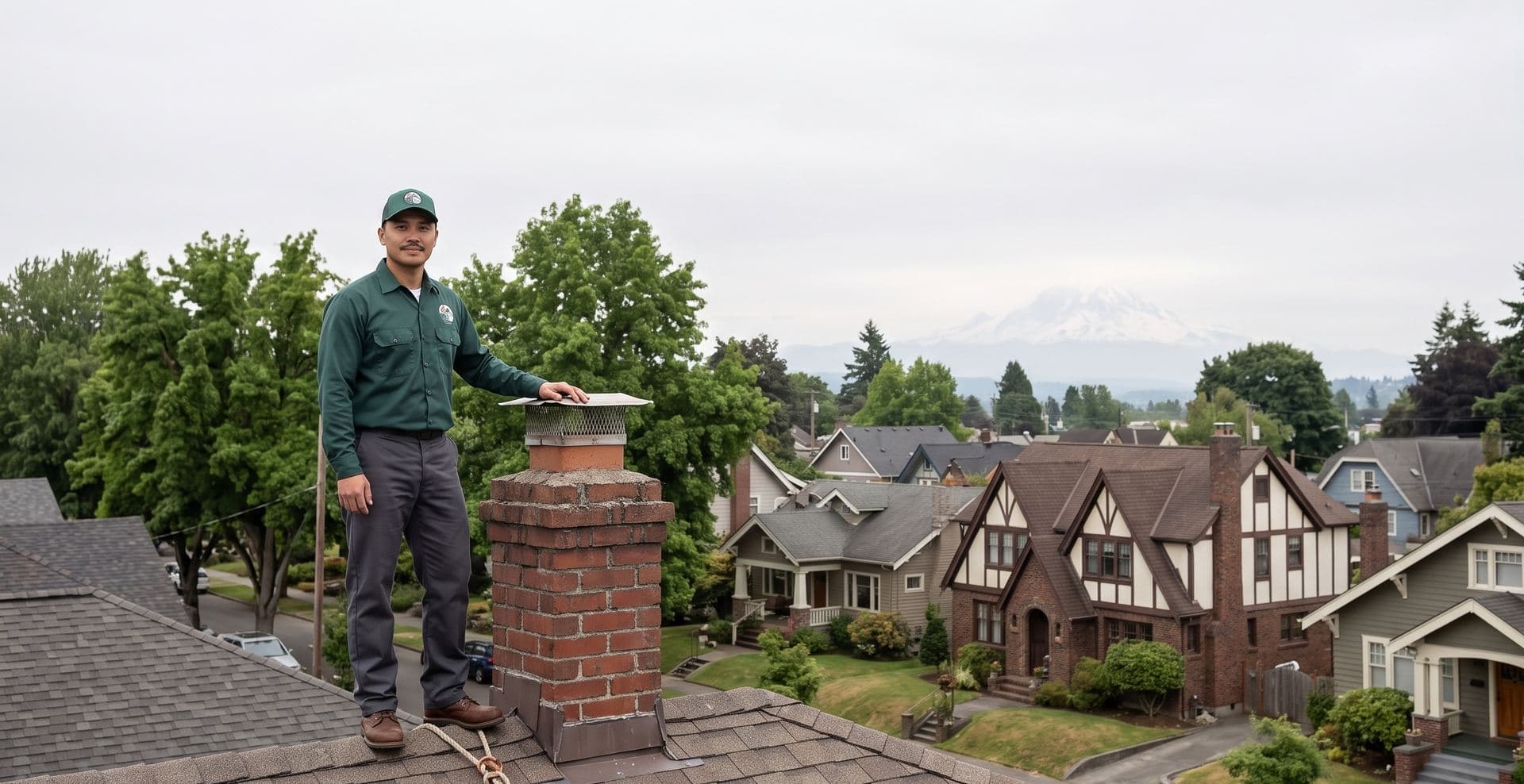 A South Seattle Chimney Pros technician beside a brick chimney on the roof of a South Seattle home