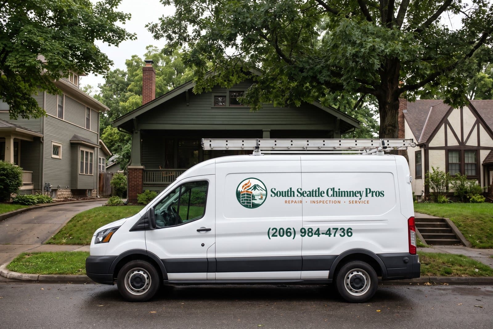 The South Seattle Chimney Pros service van parked in front of a South Seattle bungalow