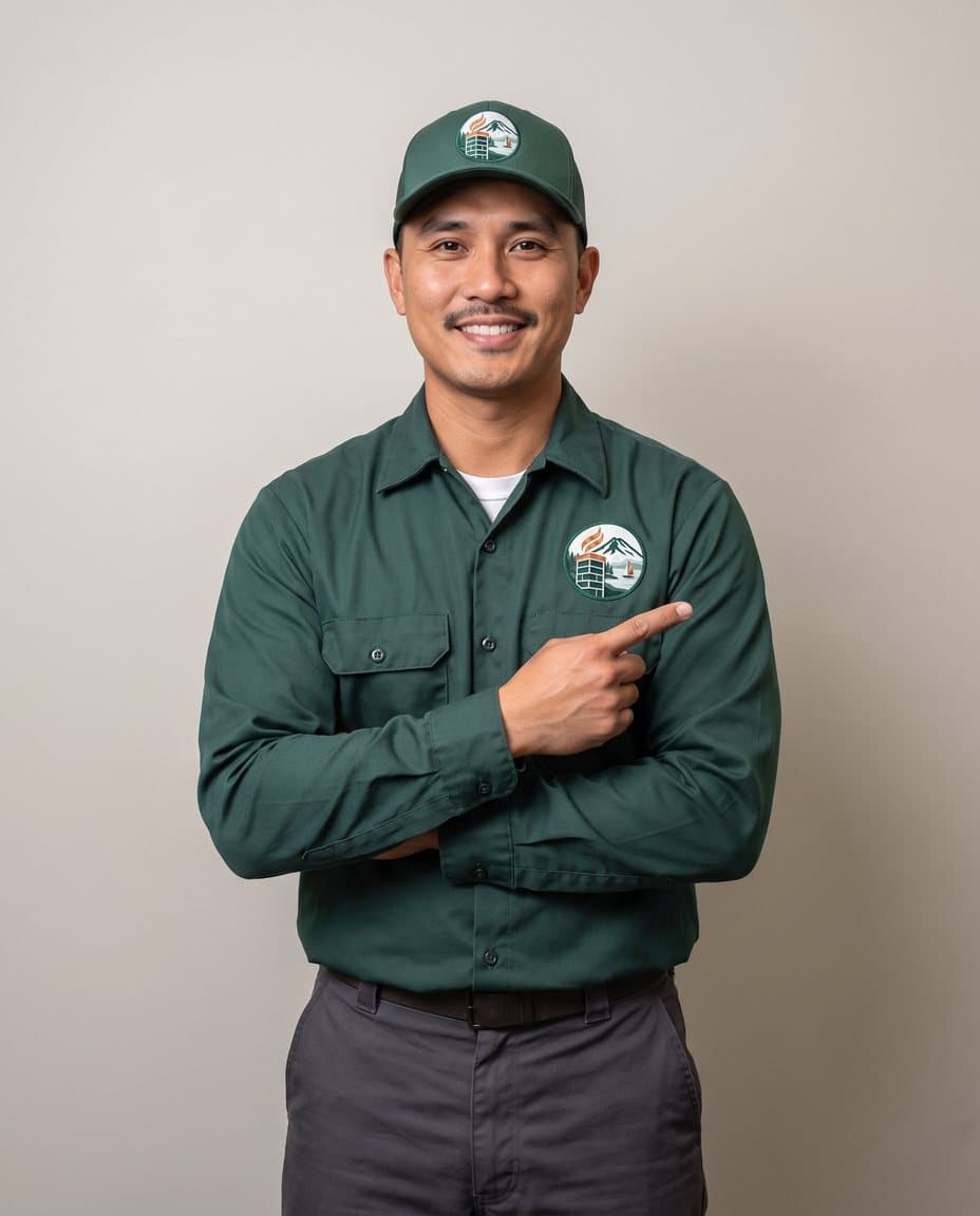 A South Seattle Chimney Pros technician pointing toward the four steps of a visit