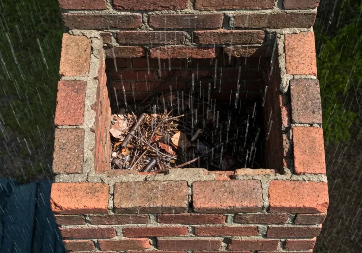 Before — chimney cap installation: A bare, open flue topped with a stainless cap — rain and nesting birds shut out.
