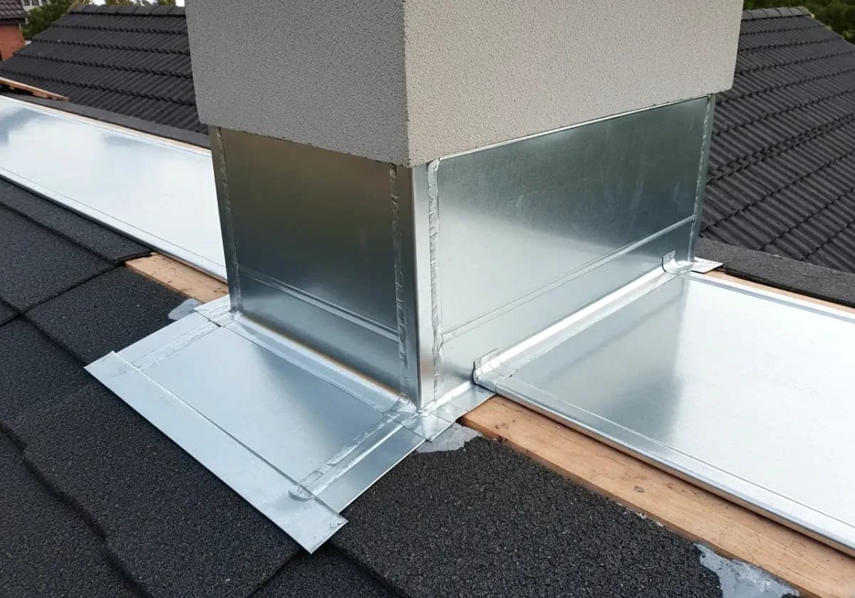 After — chimney flashing repair: Rusted-through flashing at the roofline stripped out, re-lapped and sealed dry.