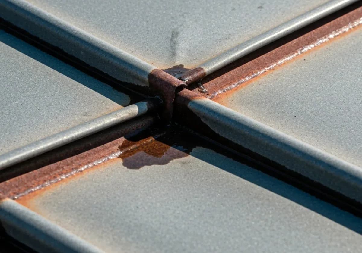 Before — chimney flashing repair: Rusted-through flashing at the roofline stripped out, re-lapped and sealed dry.