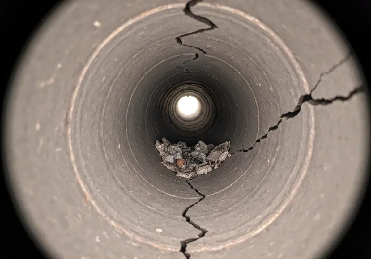 Before — chimney inspection: The flue camera finds the cracks a look up from the firebox never would.