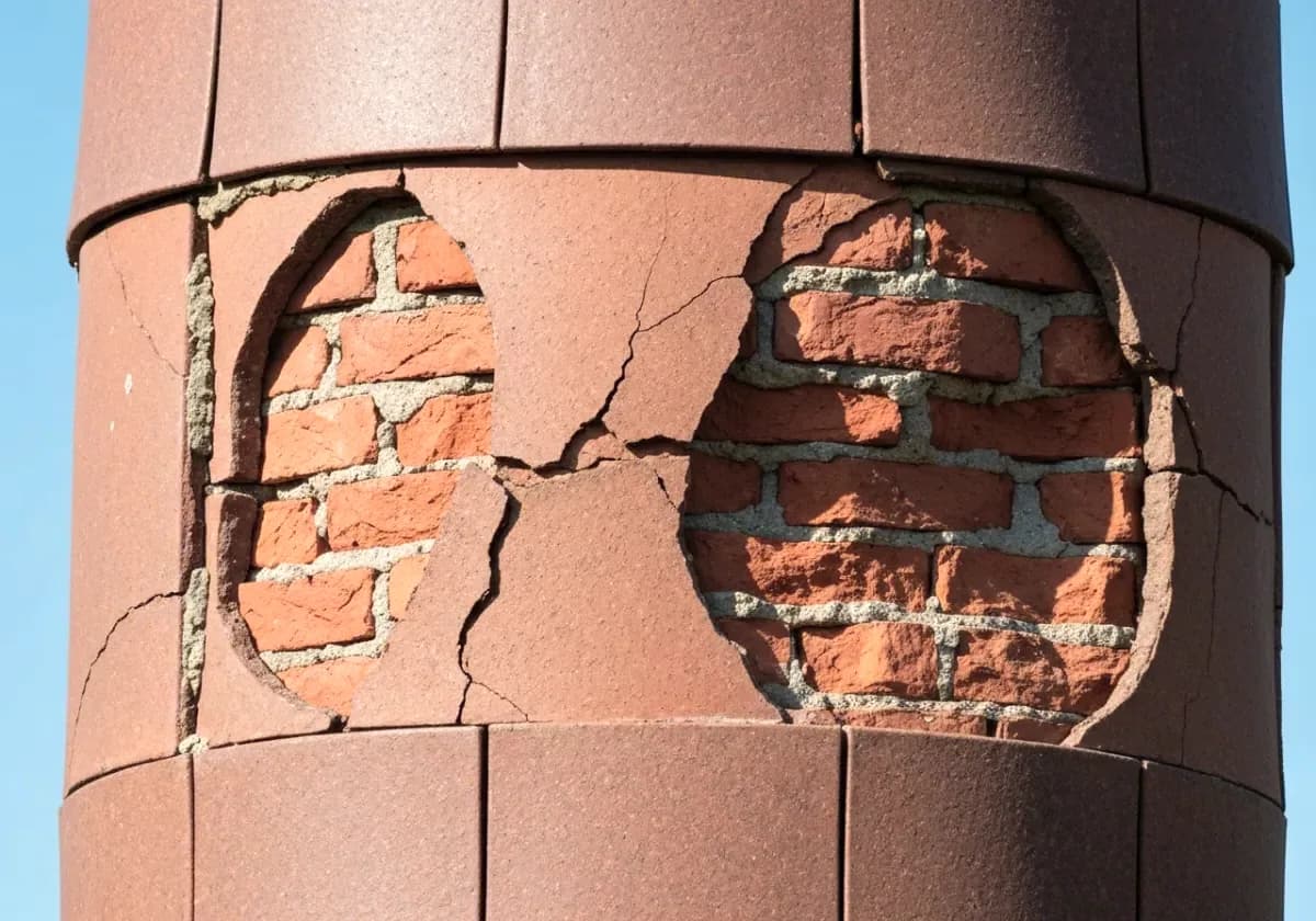 Before — chimney relining: An original clay flue, failed with age, re-sleeved in code-compliant stainless steel.