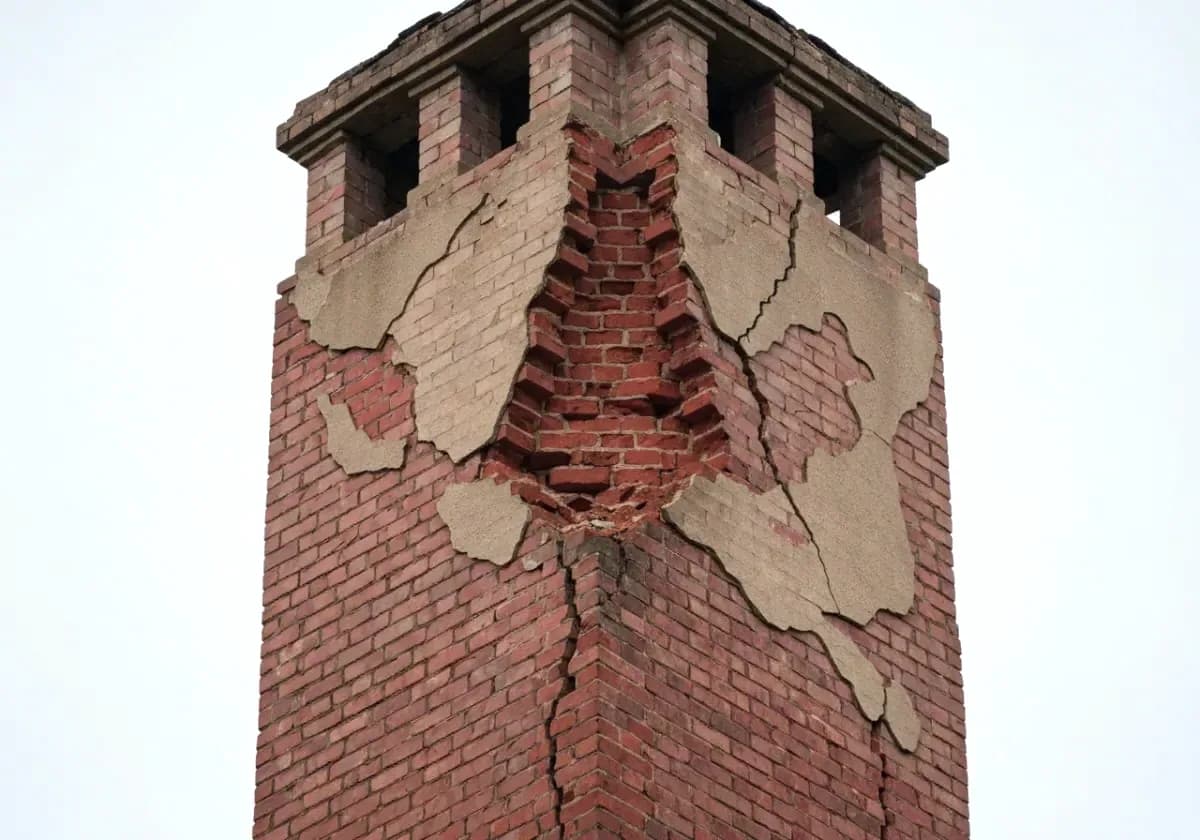 Before — chimney repair: Flaking brick and washed-out joints rebuilt into a tight, weather-shedding stack.