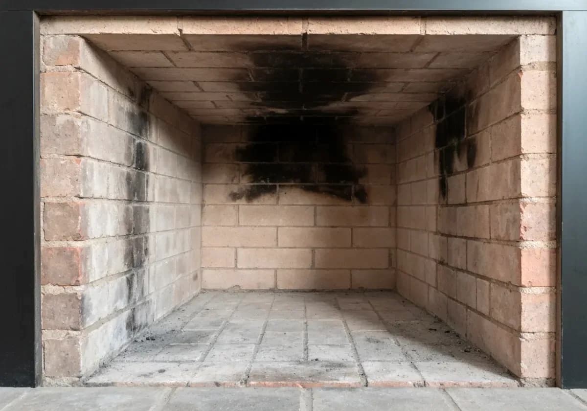 After — chimney sweep: A flue and smoke chamber black with soot, brushed back down to bare brick.
