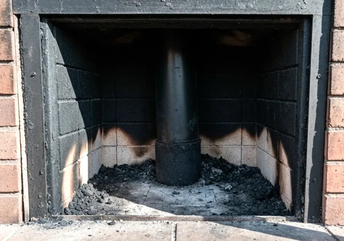Before — chimney sweep: A flue and smoke chamber black with soot, brushed back down to bare brick.