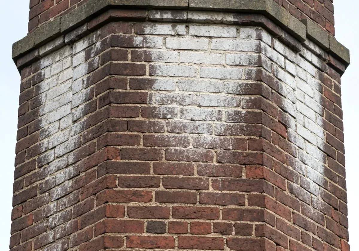 Before — chimney waterproofing: Thirsty, water-stained brick given a breathable repellent that lets it dry from within.