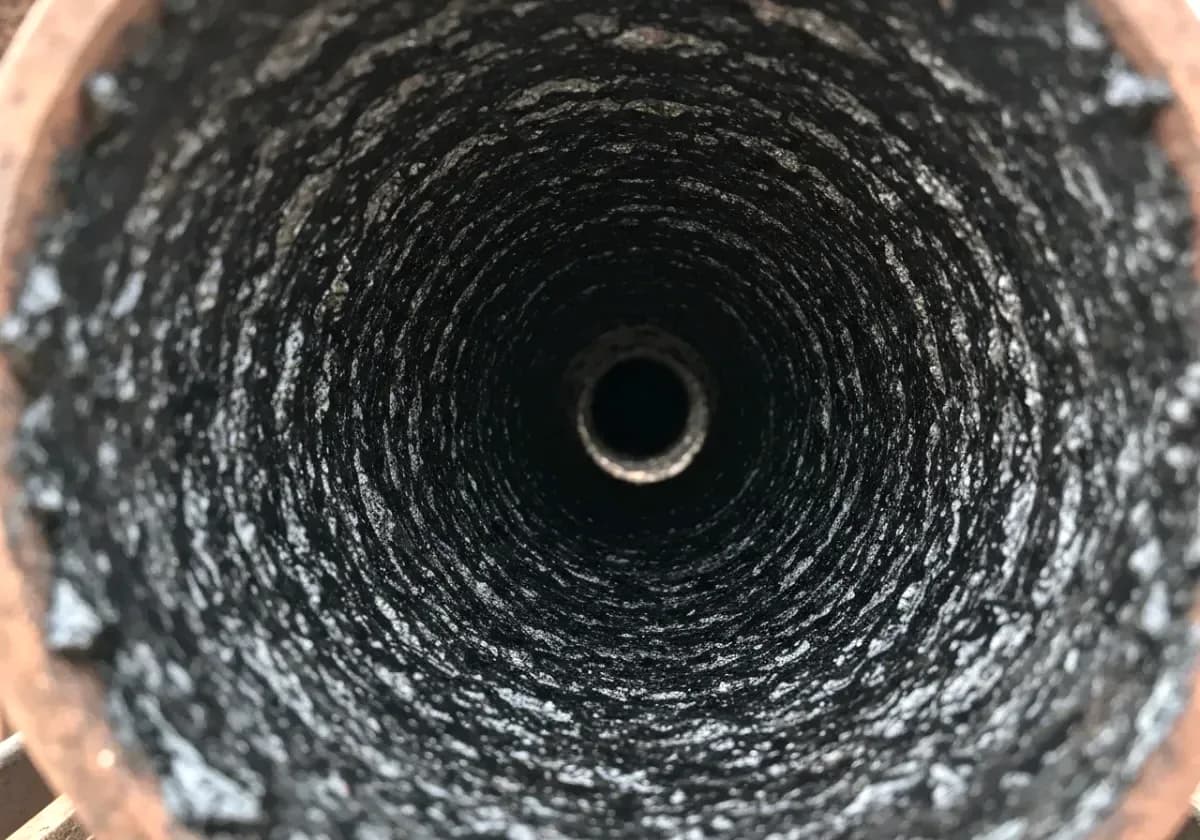 Before — creosote removal: Glazed third-stage creosote ground off the flue walls — the fuel for a chimney fire, gone.