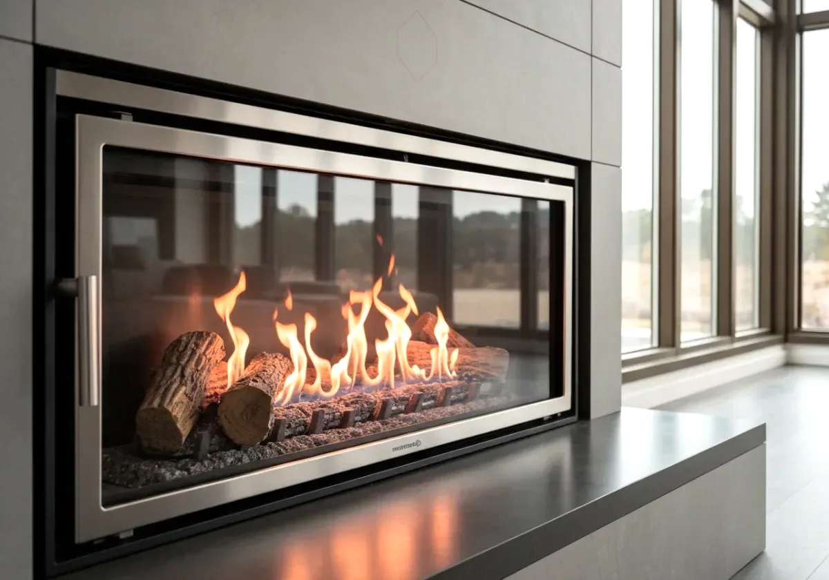 After — gas fireplace service: A sooty, lazy-flamed gas unit serviced back to a steady, even blue burn.
