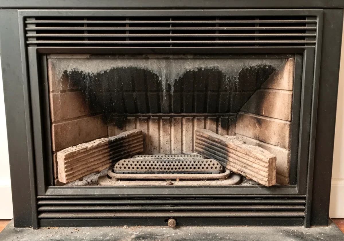 Before — gas fireplace service: A sooty, lazy-flamed gas unit serviced back to a steady, even blue burn.