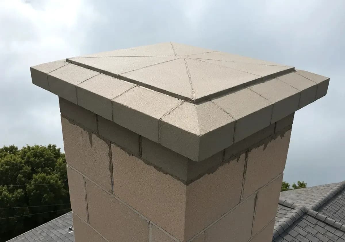 After — masonry repair (crown / repointing): A split crown and hollowed joints recast and repointed so water sheds instead of soaking in.