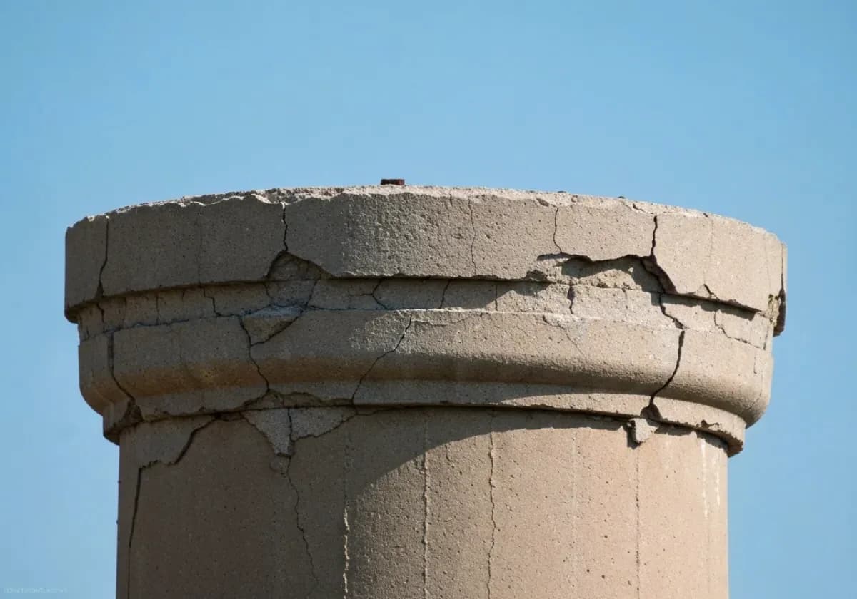 Before — masonry repair (crown / repointing): A split crown and hollowed joints recast and repointed so water sheds instead of soaking in.