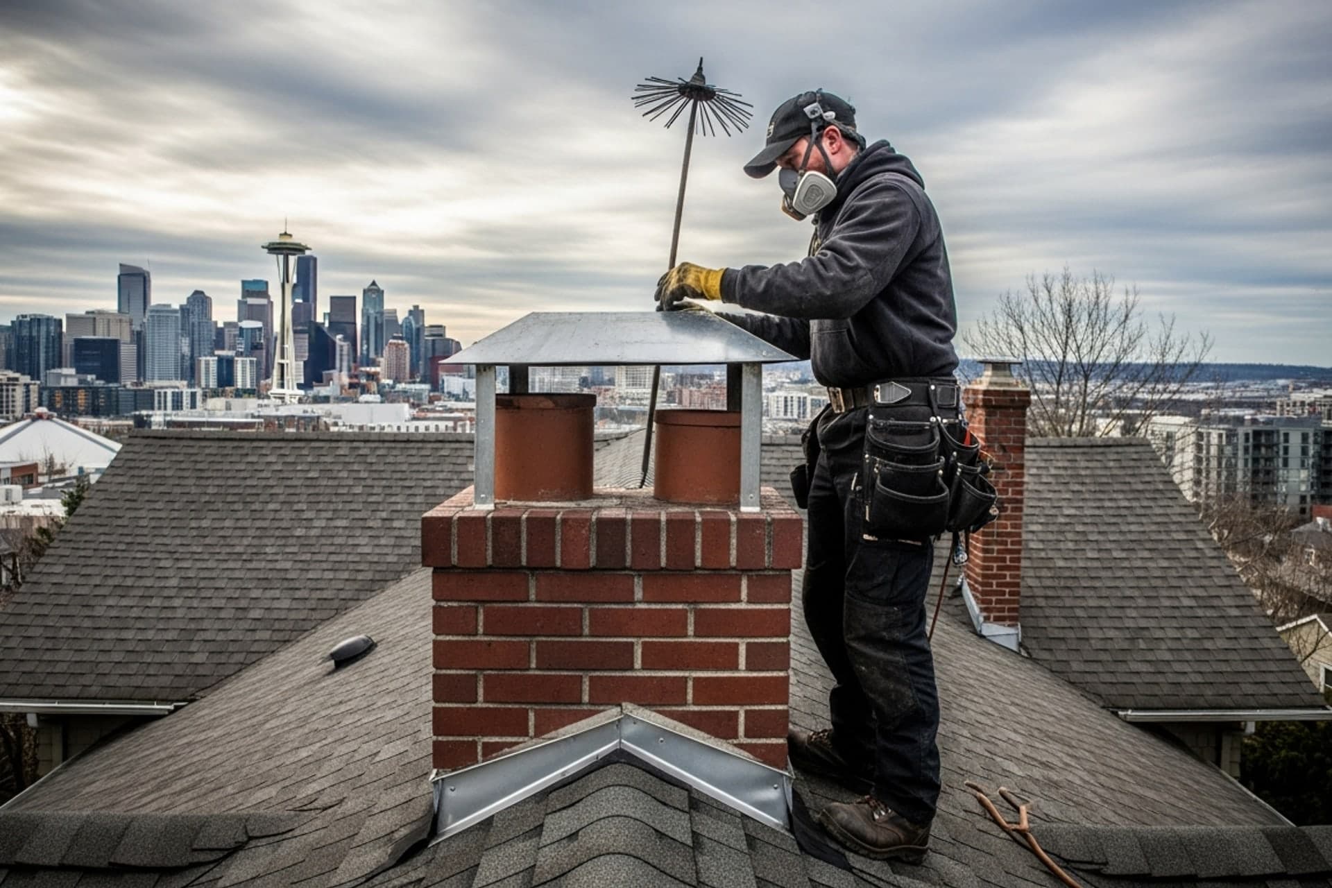 Chimney sweep technician inspecting a rooftop brick chimney on a South Seattle home
