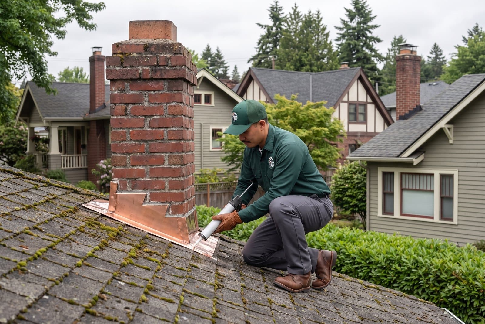 Chimney flashing repair at the roofline