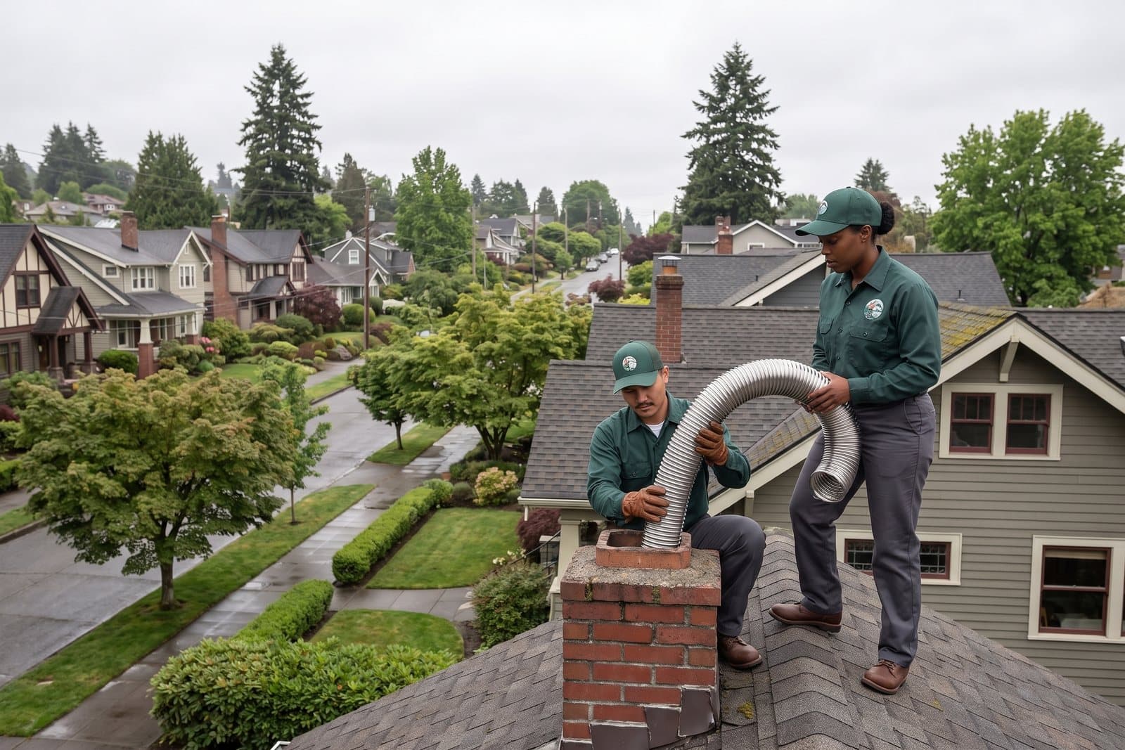 Stainless steel chimney liner being installed