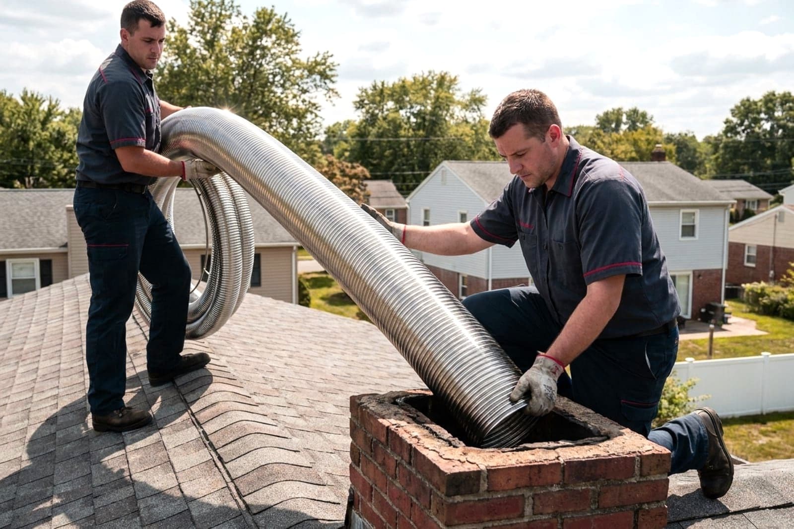 Chimney Relining in Washington — stainless steel chimney liner being installed