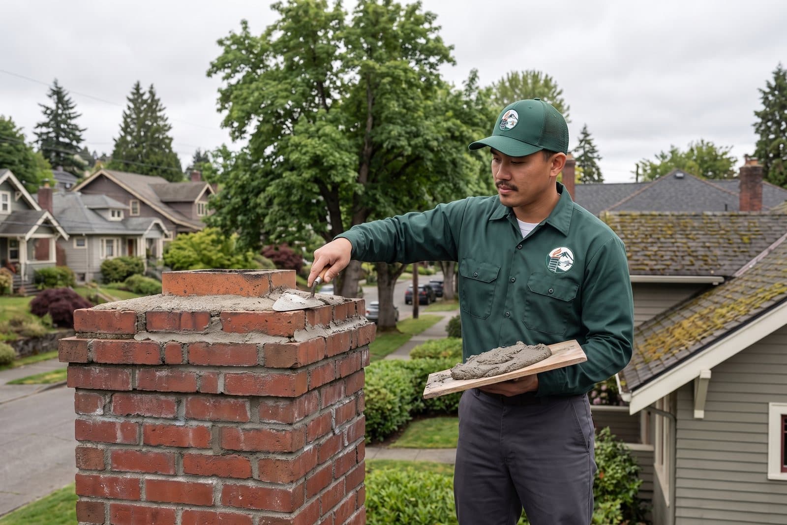 Masonry repair on a brick chimney