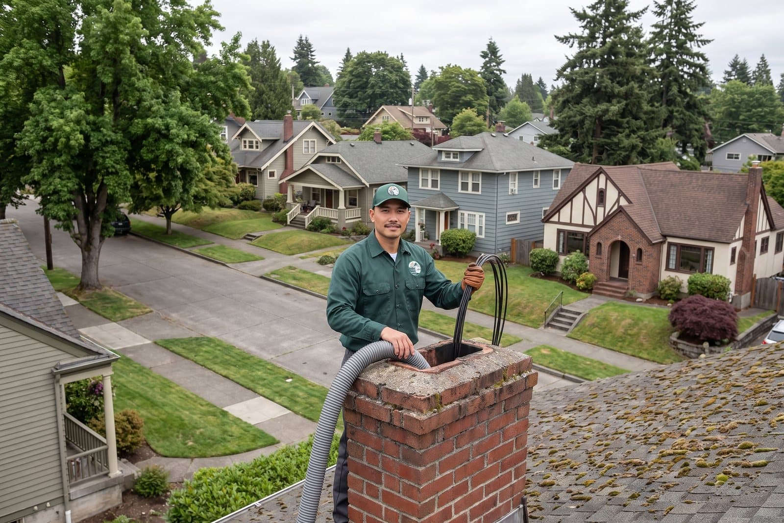 Chimney services in Washington — chimney sweep cleaning a rooftop flue