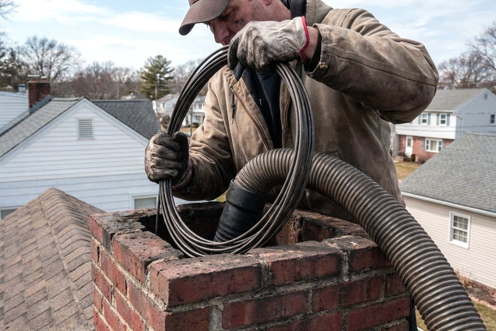 Chimney Sweep in Washington — chimney sweep cleaning a rooftop flue